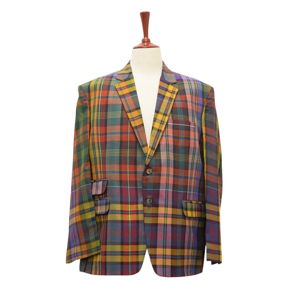 Mens 48R Multicolor Tartan Plaid Wool Blazer 2 Button Sport Coat Wedding Formal